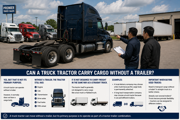 Truck tractor operating without a trailer in a commercial truck yard while a buyer evaluates its configuration