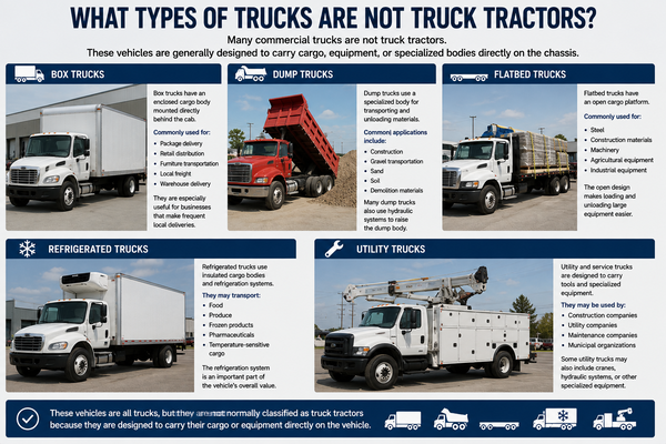 Different non-tractor commercial trucks including box trucks, dump trucks, flatbed trucks, refrigerated trucks, and utility trucks