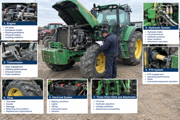 Professional mechanic inspecting a used tractor engine, hydraulic system, transmission, tires, and electrical components for potential problems